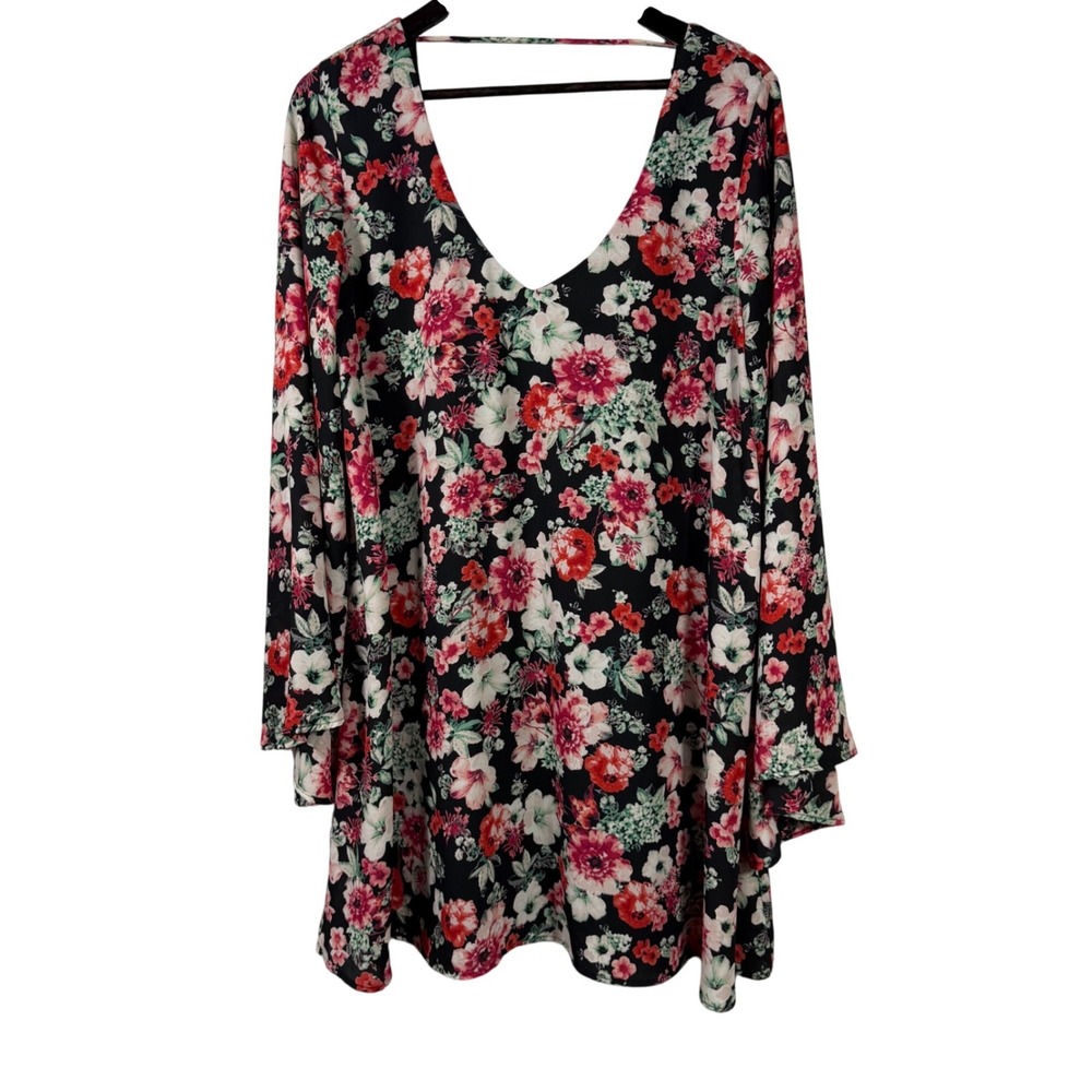 Show Me Your Mumu Gabby Floral Low Back Mini Dress XL Bell Sleeve Black Pink‎
